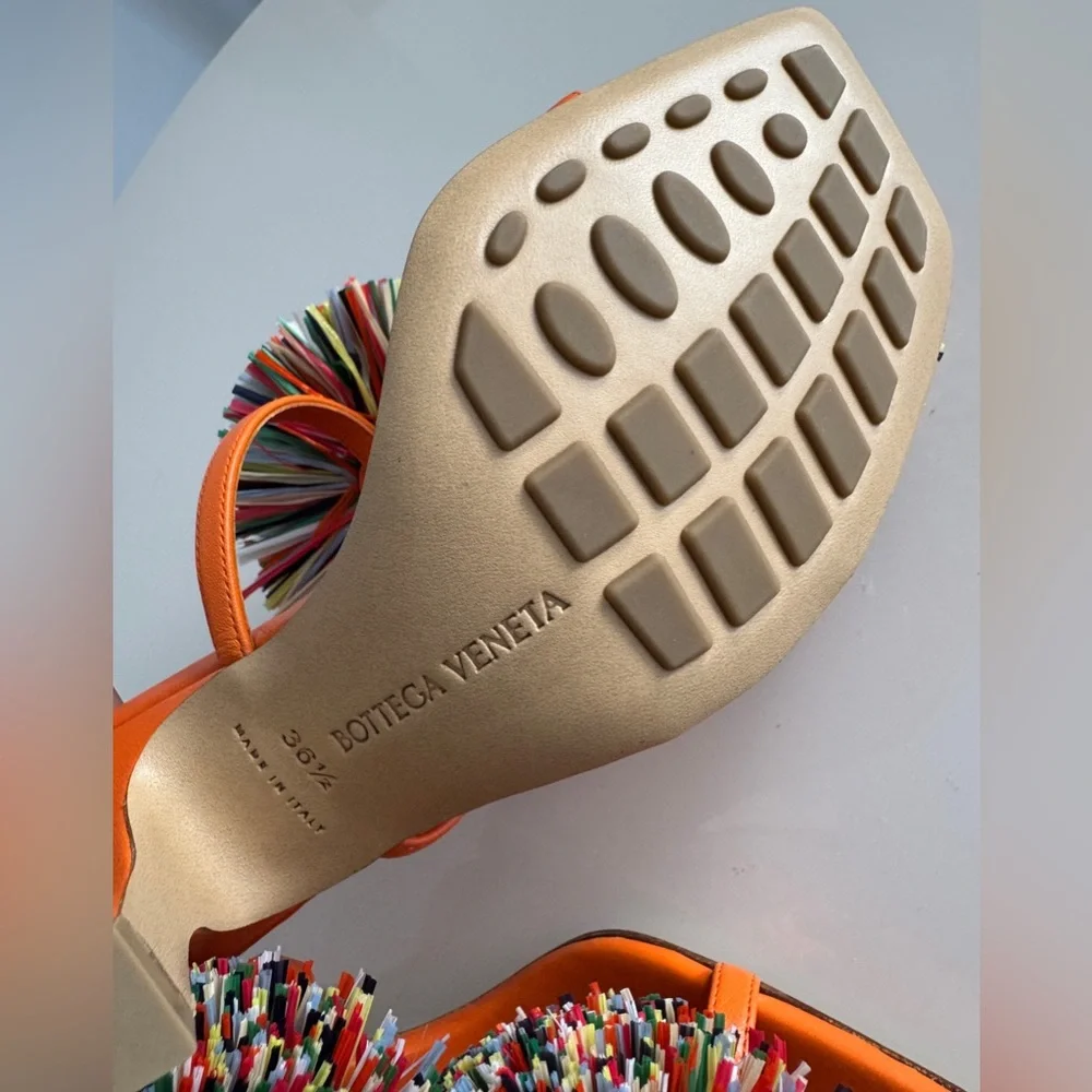 Bottega Veneta *NEW* Leather Orange Multicolor Pom Pom Heels- Size 6.5 US - Picture 10 of 10